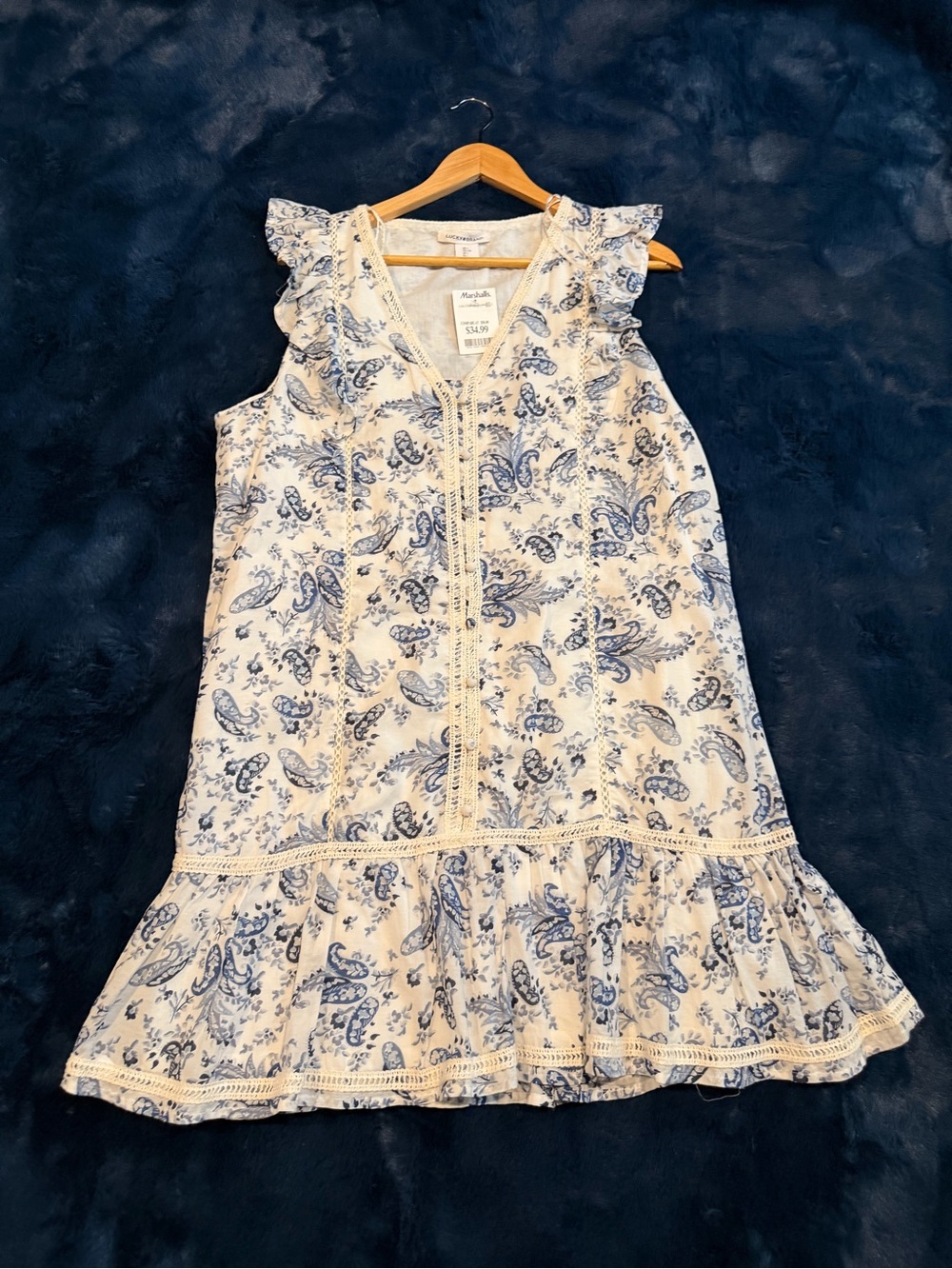 Lucky Brand White and Blue Paisley Ruffle-Hem Dress